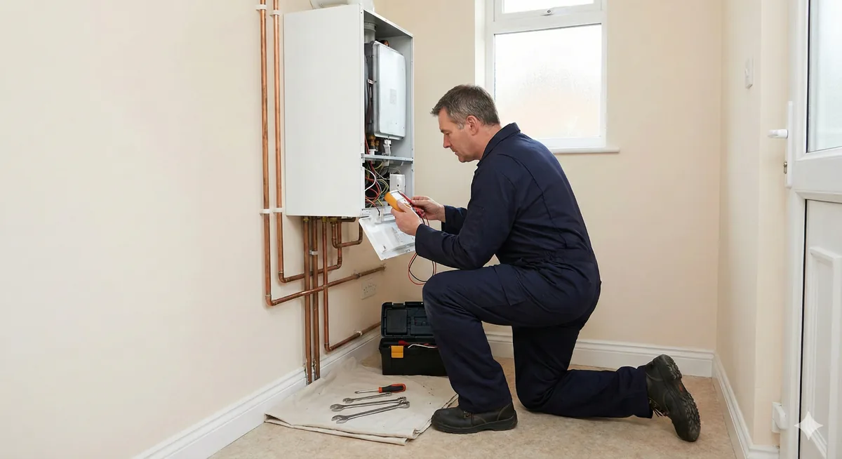 Engineer servicing a domestic combi boiler in a UK home