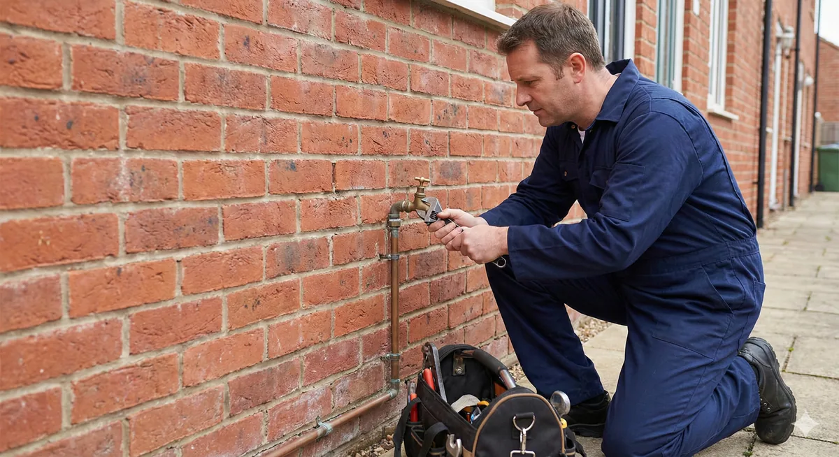 Outdoor tap repair on a UK brick wall